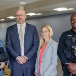 Charles Sawchenko and Alisha Fletcher of the Delaware Network for Excellence in Autism, housed in the College of Education and Human Development’s Center for Disabilities Studies, with two first responders who participated in recent training.