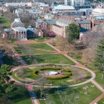 Drone aerial images of North Central campus during a midday class change in the spring of 2024.