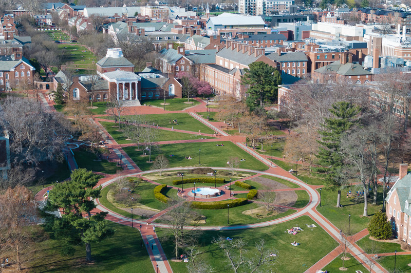 Drone aerial images of North Central campus during a midday class change in the spring of 2024.